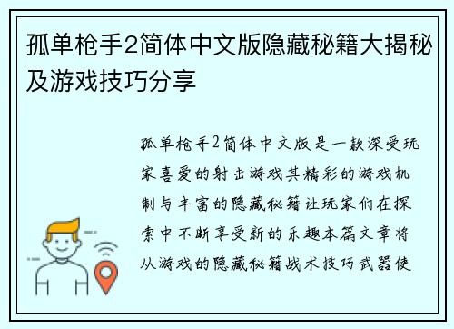 孤单枪手2简体中文版隐藏秘籍大揭秘及游戏技巧分享